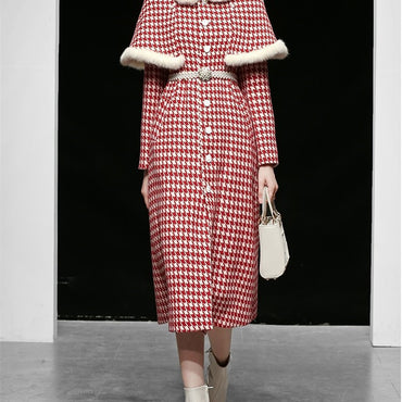 Waisted Thousand Bird Plaid Cloth Coat Wool Coat