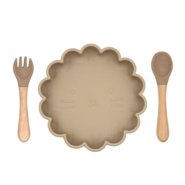 Baby Cute Lion Silicone Wooden Handle Fork Spoon Dinner Plate
