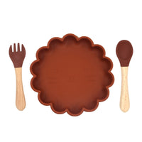 Baby Cute Lion Silicone Wooden Handle Fork Spoon Dinner Plate