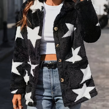 Women's Printed Double-sided Plush Casual Button Plush Coat