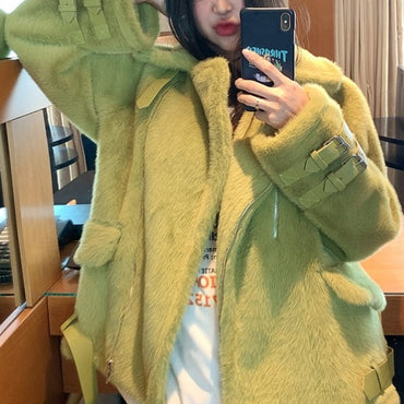 Women's coat leather buckle fur coat women