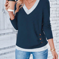 Long Sleeve V-neck Elegant Pleated Button Solid Color T-shirt Top