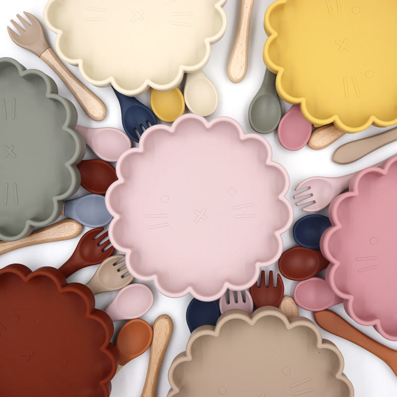 Baby Cute Lion Silicone Wooden Handle Fork Spoon Dinner Plate