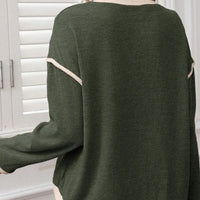 Four Leaf Clover Contrast Color Trim Knit Drop Shoulder Loose Top