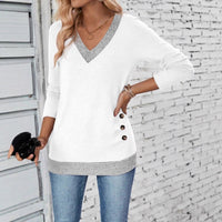 Long Sleeve V-neck Elegant Pleated Button Solid Color T-shirt Top