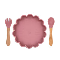 Baby Cute Lion Silicone Wooden Handle Fork Spoon Dinner Plate