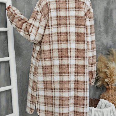 Women's Printed Plaid Long Double-sided Plush Patch Pocket Button Coat