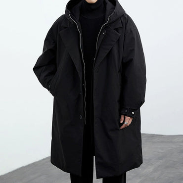 Coat Coat Men's False Two Pieces Hooded Mid-length Trench Coat