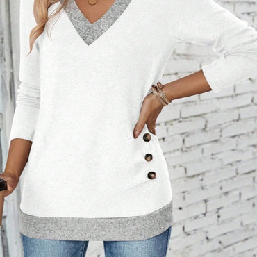 Long Sleeve V-neck Elegant Pleated Button Solid Color T-shirt Top