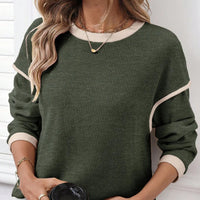 Four Leaf Clover Contrast Color Trim Knit Drop Shoulder Loose Top