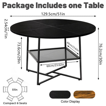 51  Round Dining Table For 4-6  Tiger Stripes-Black Wooden Dining Room Table With Storage Shelf Space Saving Circle Dinner Table With Metal Legs For Kitchen Living Room Dining Restaurant Furniture