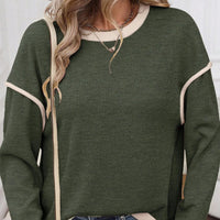 Four Leaf Clover Contrast Color Trim Knit Drop Shoulder Loose Top