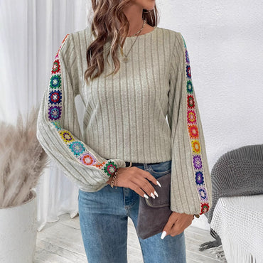 Women's Solid Color Crocheted Lace Stitching Sunken Stripe Knitted Top