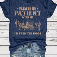 Western Denim Retro Pattern Round Neck Short Sleeve