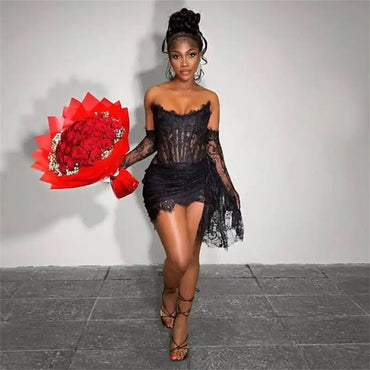 Fashionable Oversleeve Tube Top Lace Fashion Party Dinner Dress