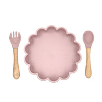 Baby Cute Lion Silicone Wooden Handle Fork Spoon Dinner Plate