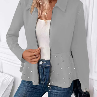 Women's Beaded Heavy-duty Zipper Ruffled Hem Coat