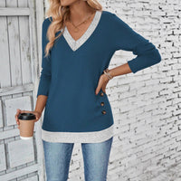 Long Sleeve V-neck Elegant Pleated Button Solid Color T-shirt Top