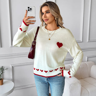 Women's Heart-shaped Jacquard Long-sleeved Pullover