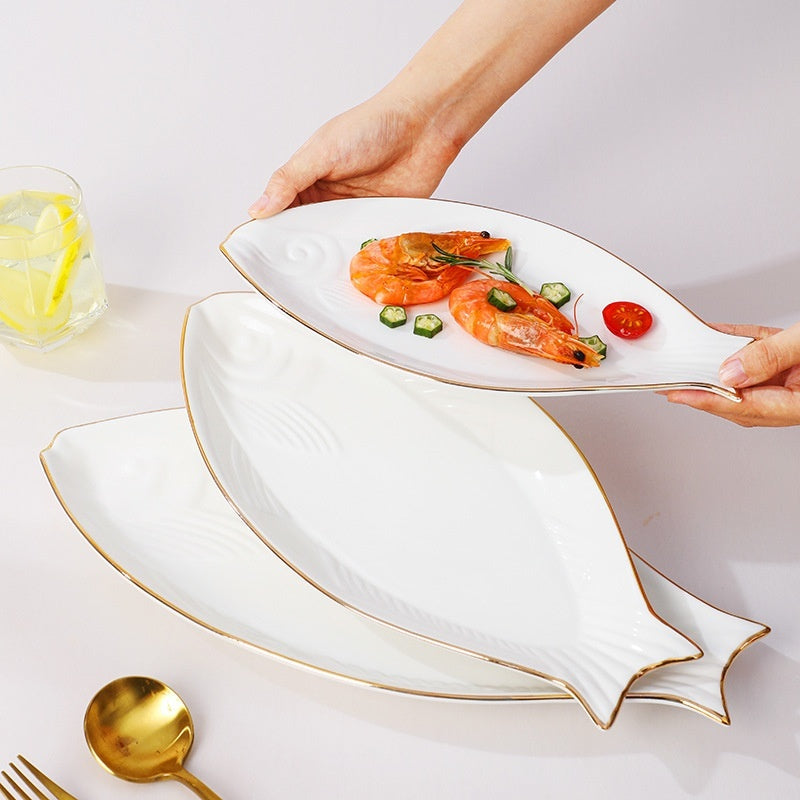 Gilt Edging Porcelain Fish Dish Fish-shaped Dinner plate Large Fish Plate