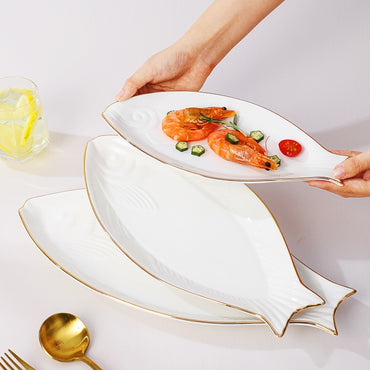 Gilt Edging Porcelain Fish Dish Fish-shaped Dinner plate Large Fish Plate