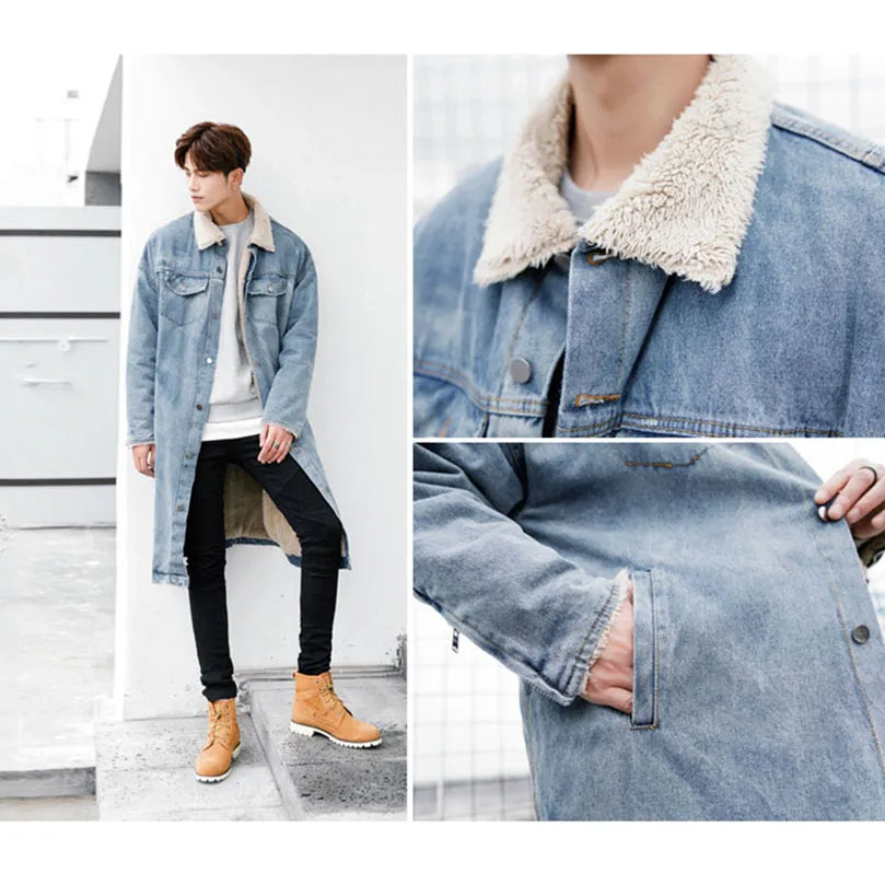 Japanese Style Winter Warm Long Denim Coat