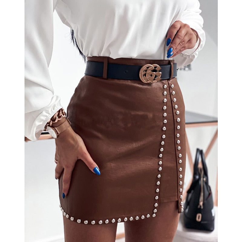 High Waist PU Rhinestone Mini Skirt