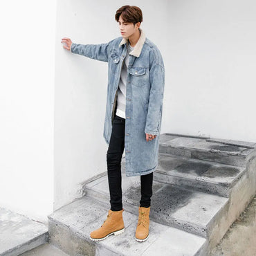 Japanese Style Winter Warm Long Denim Coat