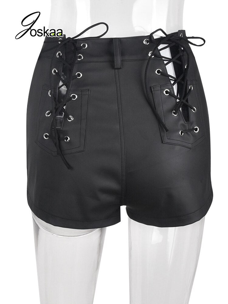 Lace-up PU Leather Tight Fit Black Shorts