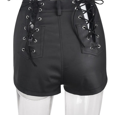 Lace-up PU Leather Tight Fit Black Shorts