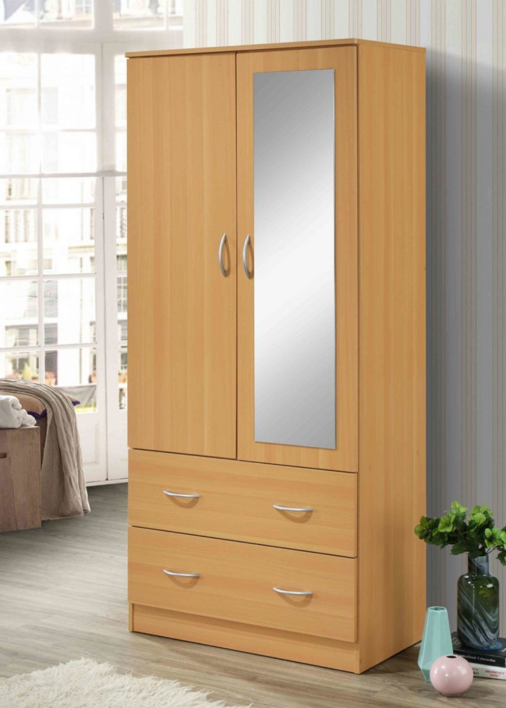 Two Door Wardrobe with Two Drawers and Hanging Rod