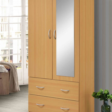 Two Door Wardrobe with Two Drawers and Hanging Rod