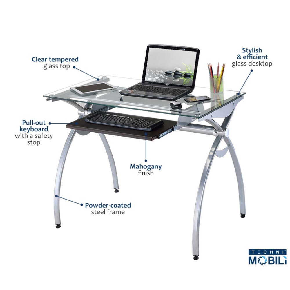 Clear Glass Top Computer Desk with Pull Out Keyboard Panel