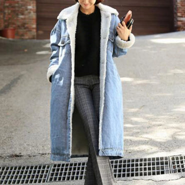 Chic Extra Winter Warm Ladies Long Denim Coat