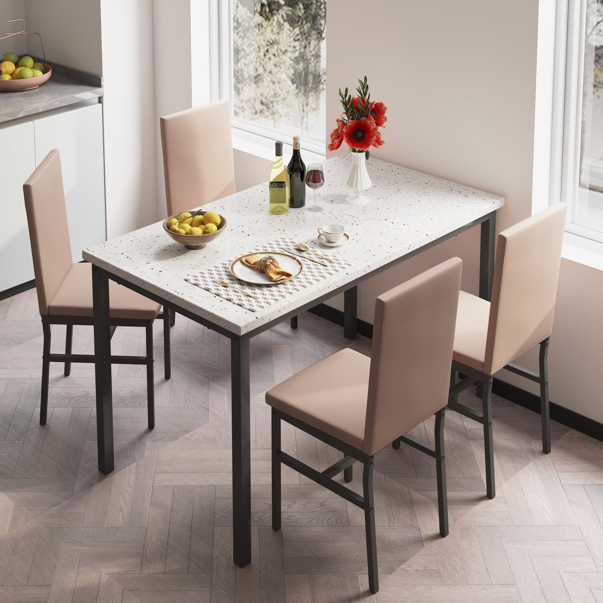 5 Piece Modern Dining Set With Upholstered Chairs