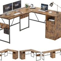 60 Inches L Shaped Rustic Desk with Storage Cabinet