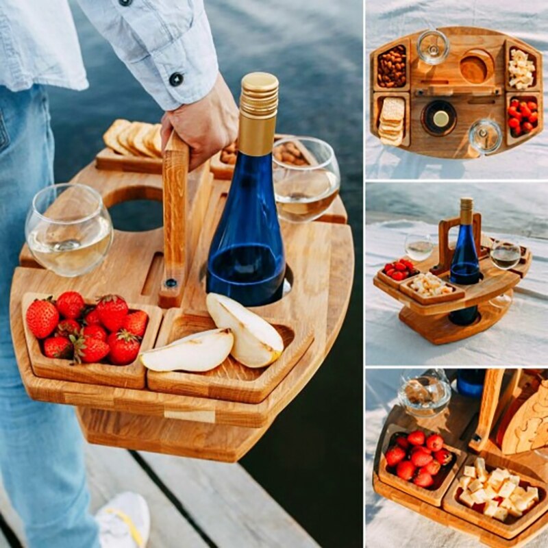 Outdoor Wooden Folding Table with Glass Holder