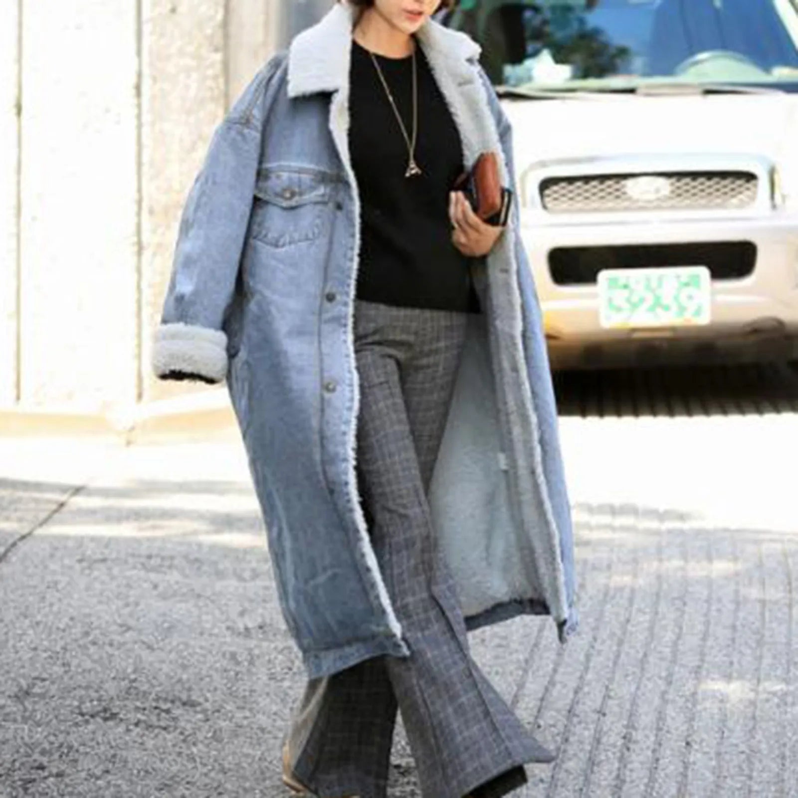 Chic Extra Winter Warm Ladies Long Denim Coat