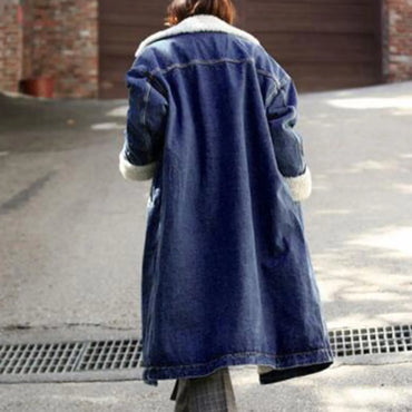 Chic Extra Winter Warm Ladies Long Denim Coat