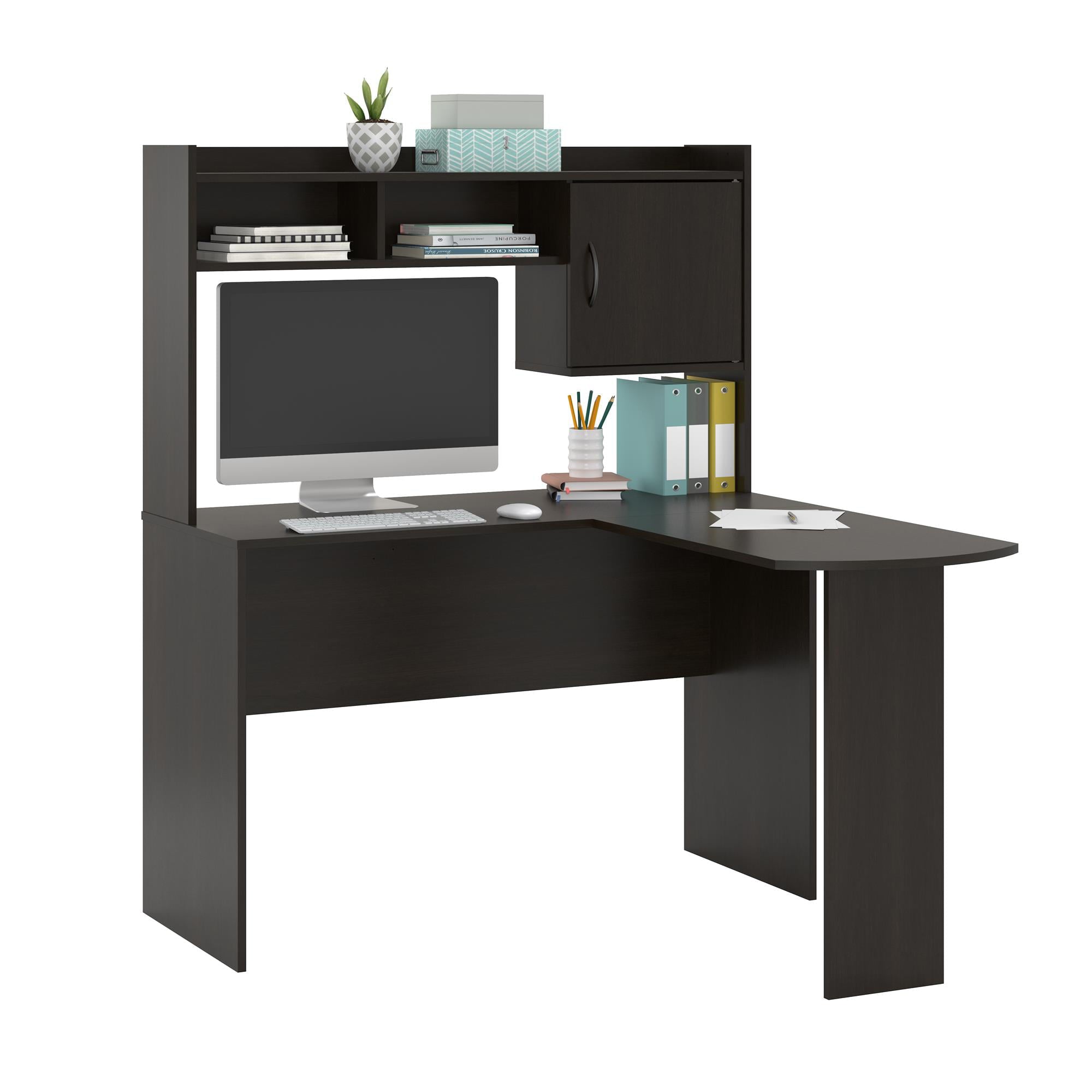 L-Shaped Espresso Desk with Hutch