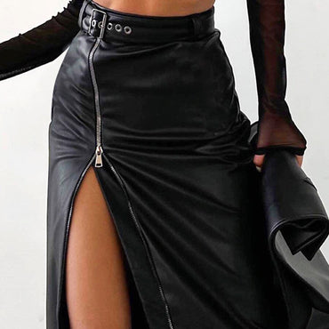 High Waist Split Midi Skirt with Belt