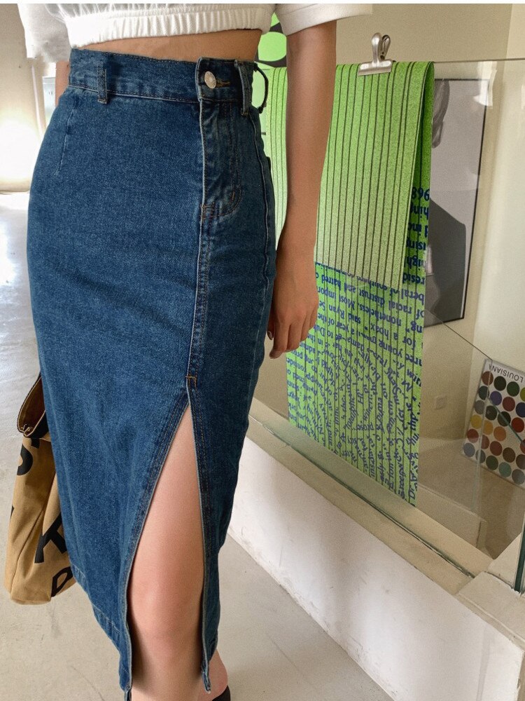 Denim Side Split Midi Skirt