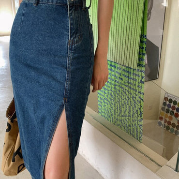 Denim Side Split Midi Skirt