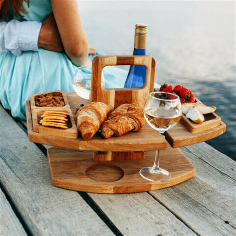 Outdoor Wooden Folding Table with Glass Holder