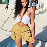 Casual Elastic Waist Zipper Shorts