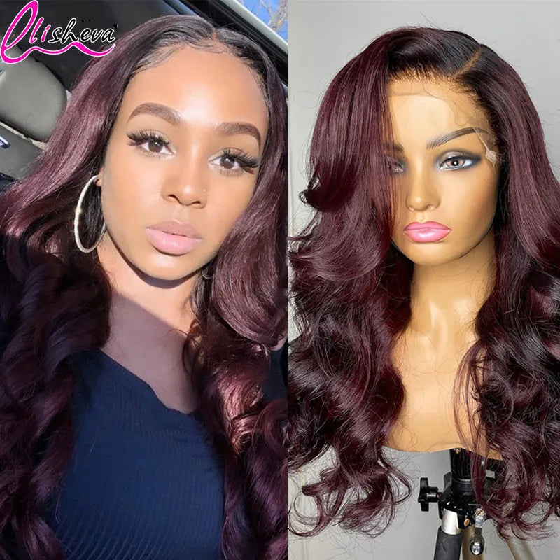 Ombre Body Wave HD Lace Front Wig - 1B Burgundy - 180% Density