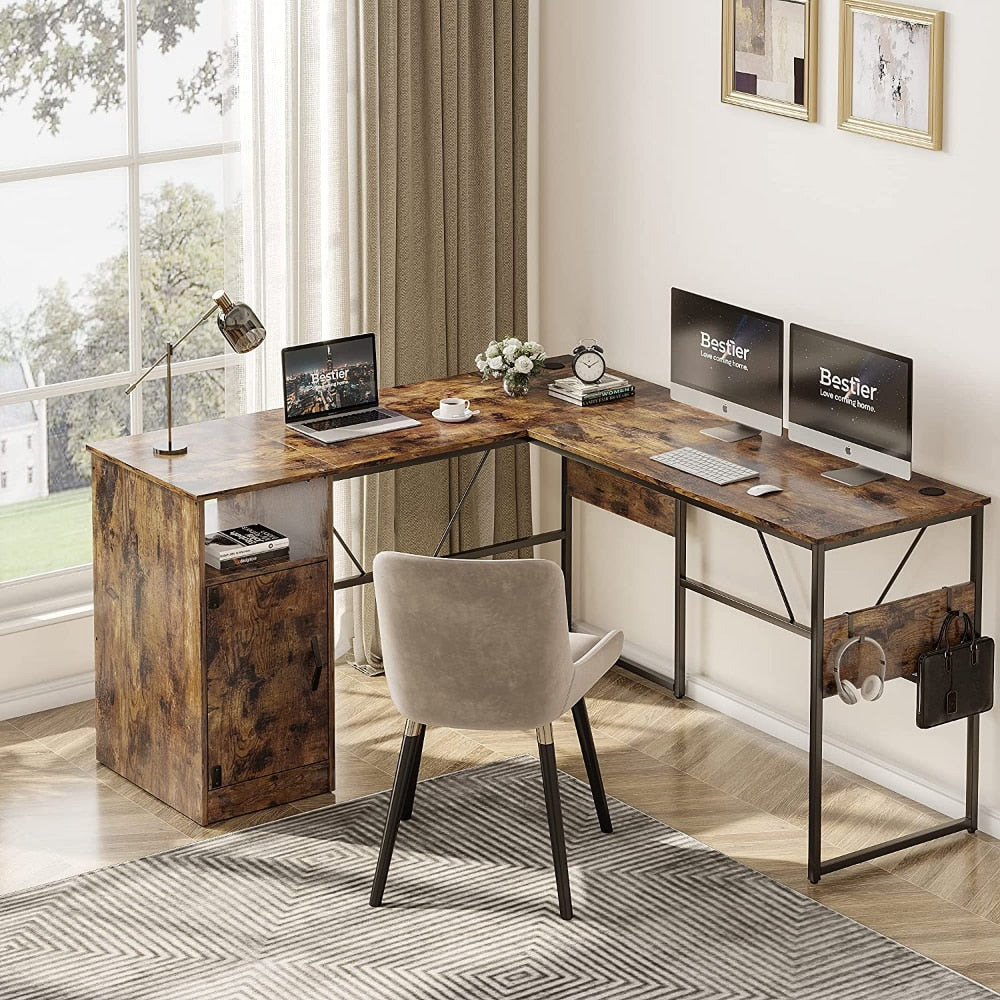 60 Inches L Shaped Rustic Desk with Storage Cabinet