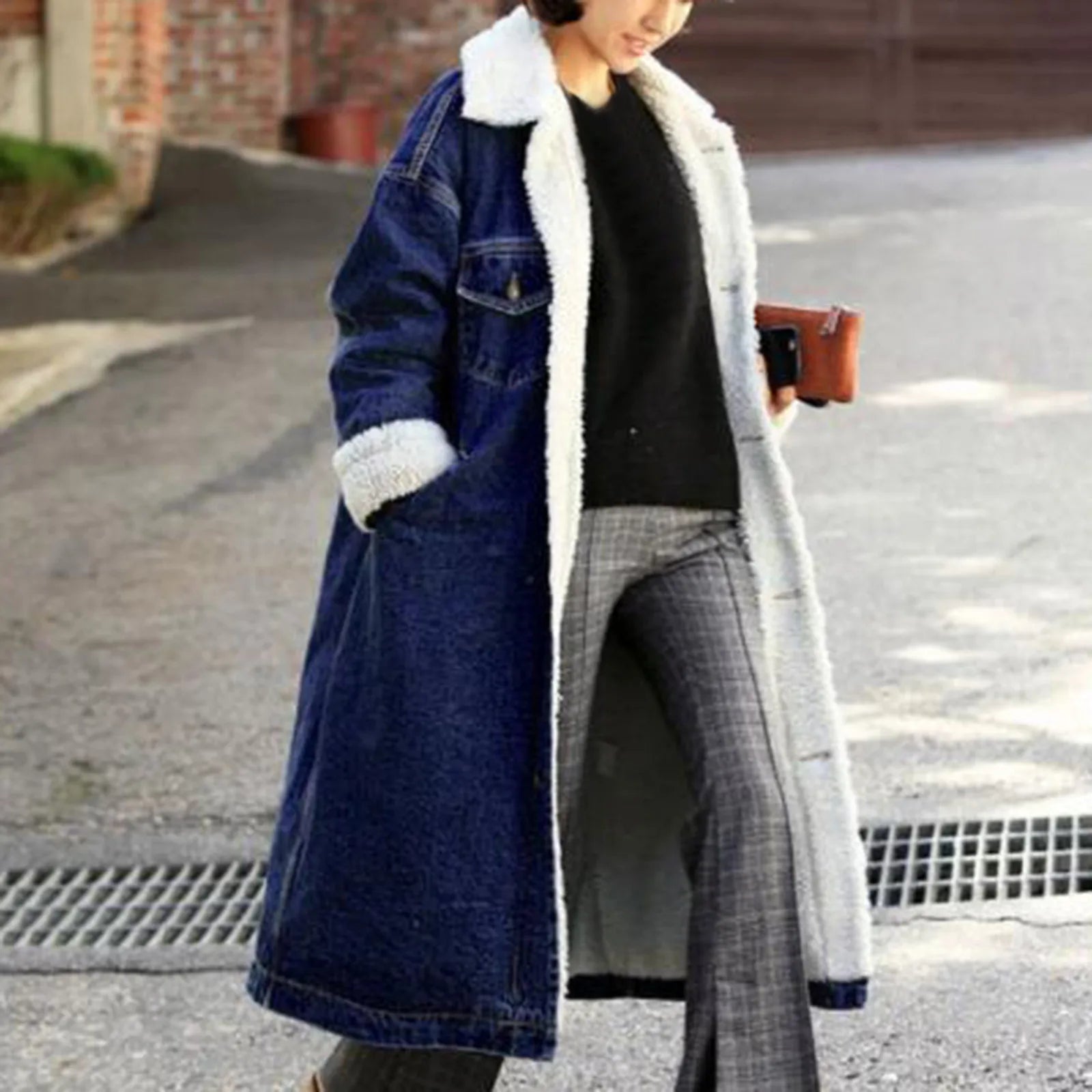 Chic Extra Winter Warm Ladies Long Denim Coat