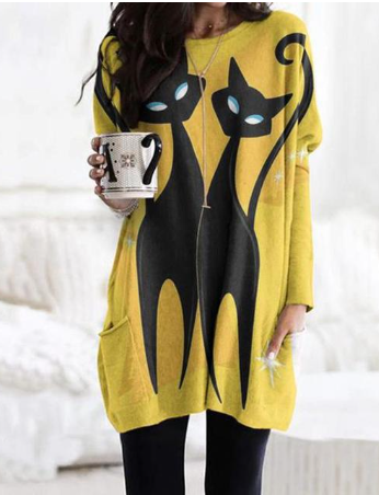 Loose Fit 3D Cat Pattern Long Sweatshirt