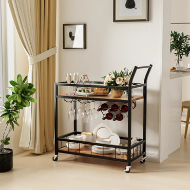 Home Bar Serving Cart With Glasses & Bottle Holders